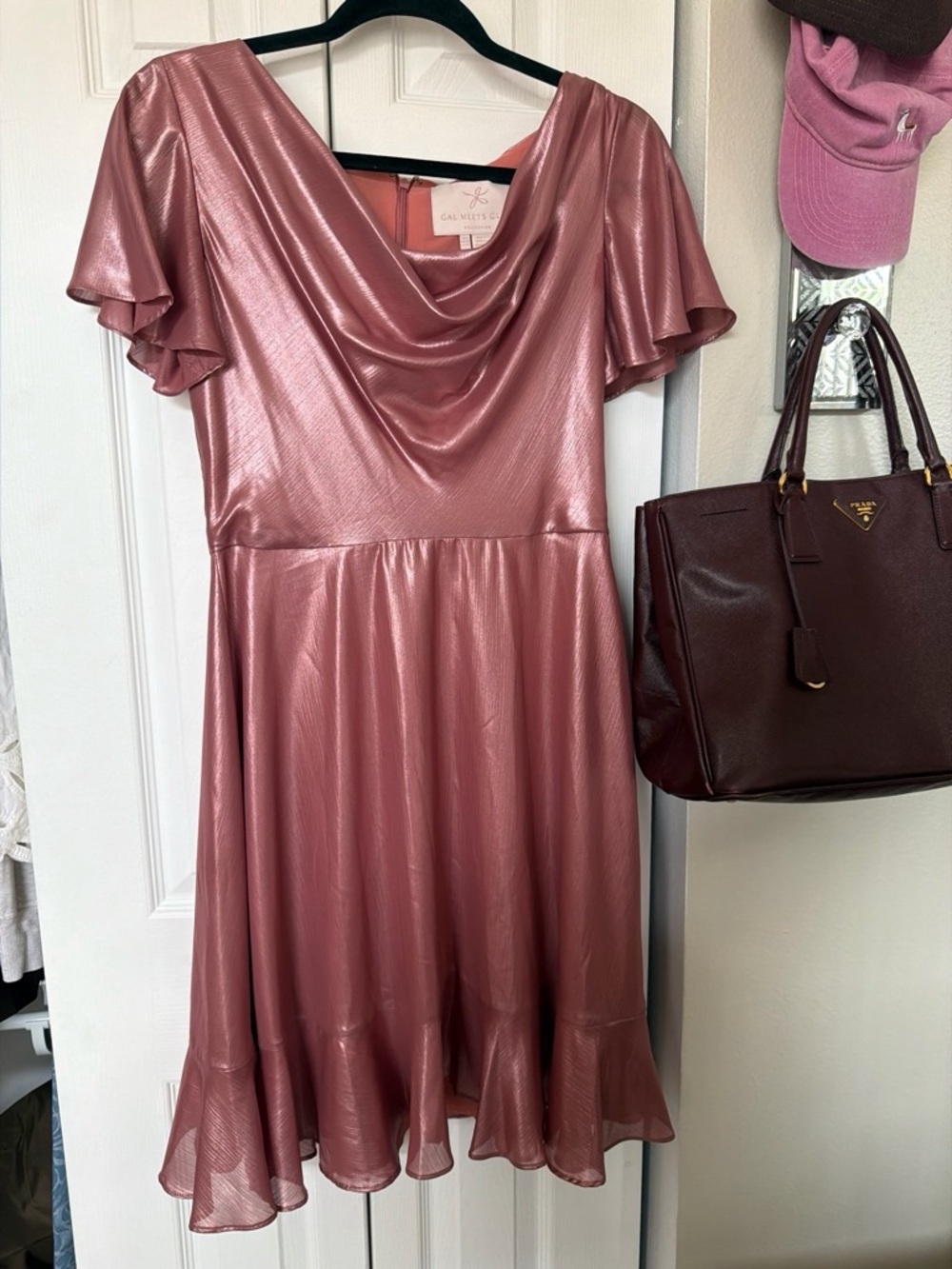 Gal Meets Glam Metallic Dusty Rose Midi Dress with Cowl Neck